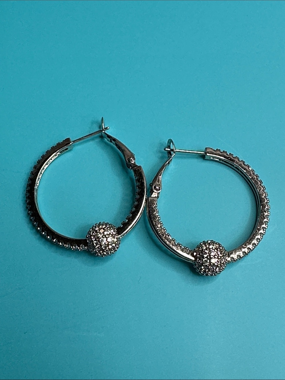 Silver Hoop Earrings with Pave Ball Accent Perfect Gift